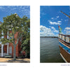 Split image: Left shows a historic red-brick building with white columns in downtown Manteo; right features a wooden sailing ship docked in Manteo Harbor. Discover the charm of Outer Banks by Schiffer Publishing, Ltd.