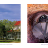 Left: White lighthouse by green trees and a red-roofed house under blue sky, highlighting the charm of Outer Banks. Right: Spiral metal staircase inside brick lighthouse. Product: Outer Banks by Schiffer Publishing, Ltd.