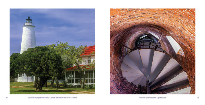 Left: White lighthouse by green trees and a red-roofed house under blue sky, highlighting the charm of Outer Banks. Right: Spiral metal staircase inside brick lighthouse. Product: Outer Banks by Schiffer Publishing, Ltd.