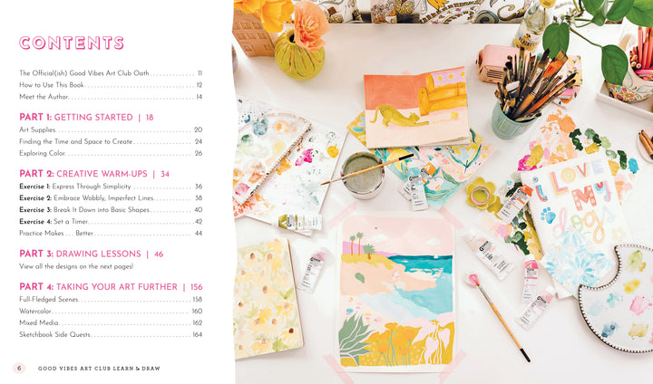 A vibrant art setup displays watercolors, brushes, a sketchbook with modern designs, and a palette. On the left is the table of contents for Schiffer Publishing, Ltd.'s "Good Vibes Art Club Learn to Draw" beginner art book in pink and black text.