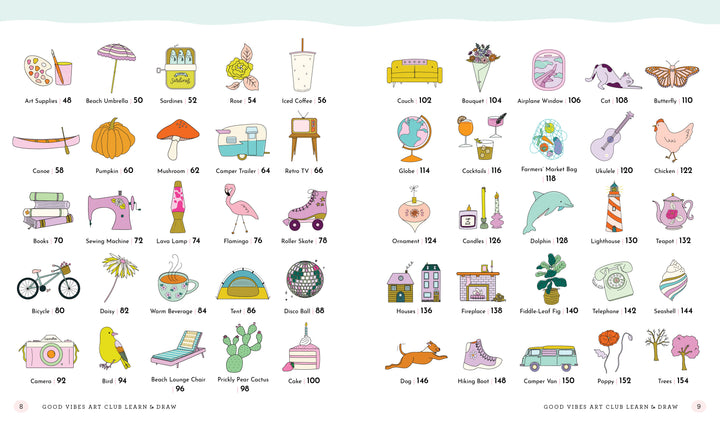 The "Good Vibes Art Club Learn to Draw" by Schiffer Publishing, Ltd. features a vibrant chart of 66 everyday items—art supplies, plants, animals, food, and furniture—each numbered and named. Ideal for beginner art inspiration or step-by-step drawing practice.