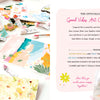 A vibrant workspace with paints, brushes, and drawings sits by Schiffer Publishing's Good Vibes Art Club Learn to Draw, whose cheerful oath encourages embracing color, having fun, and enjoying modern art—not perfection—in every creative project.