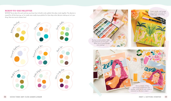 A spread from Schiffer Publishing, Ltd.'s Good Vibes Art Club Learn to Draw shows labeled paint palettes on the left, and photos of watercolor paints, tropical tigers, and hands arranging painted paper shapes on the right.