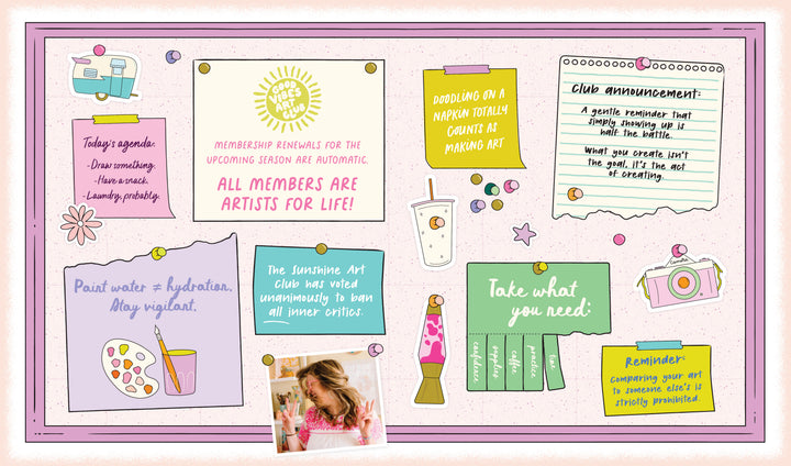 A vibrant bulletin board displays sticky notes, sketches, and art club reminders about the Good Vibes Art Club Learn to Draw by Schiffer Publishing, Ltd., featuring handwritten tips, positivity messages, and a photo of a smiling member.