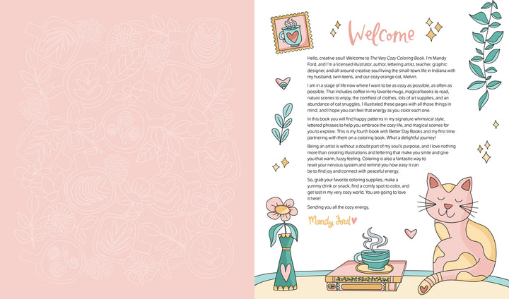 The Very Cozy Coloring Book by Schiffer Publishing, Ltd. features pastel floral art, a smiling cat, and a steaming cup on books—inviting you to relax and enjoy cozy coloring with Mandy Ford’s charming illustrations.