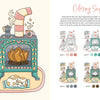Enjoy The Very Cozy Coloring Book by Schiffer Publishing, Ltd., featuring a cozy scene with a teal wood stove, fire inside, coffee pot, books, yarn basket, mug, and sleeping cat—with a step-by-step coloring guide for relaxing illustrations.