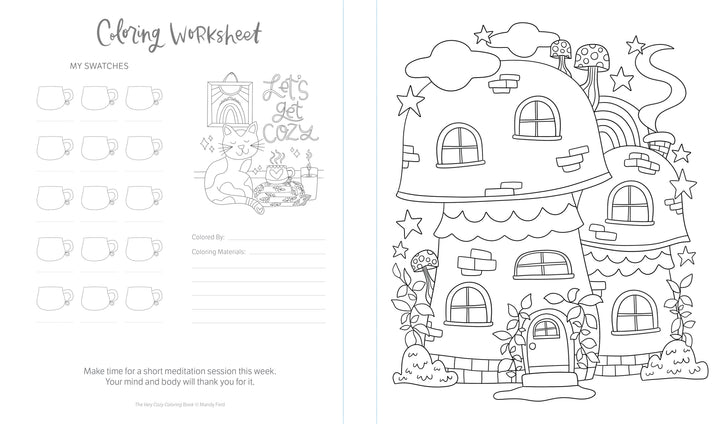 Enjoy a relaxing worksheet from "The Very Cozy Coloring Book" by Schiffer Publishing, Ltd., featuring a cozy cat scene with swatch space on the left and a whimsical mushroom house on the right—ideal for cat coloring book fans.