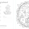 The Very Cozy Coloring Book by Schiffer Publishing, Ltd. features teacup-shaped swatches, a notes section, and a charming house among trees and hills to color, framed by a leafy border with clouds, stars, hearts, and a winding path.