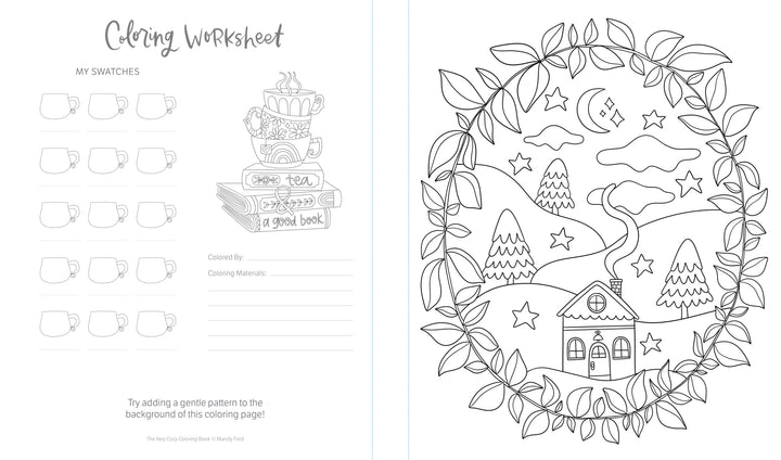 The Very Cozy Coloring Book by Schiffer Publishing, Ltd. features teacup-shaped swatches, a notes section, and a charming house among trees and hills to color, framed by a leafy border with clouds, stars, hearts, and a winding path.
