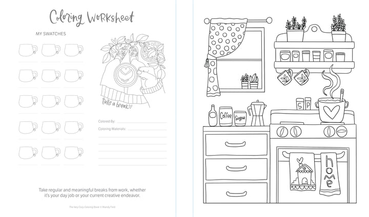 The Very Cozy Coloring Book by Schiffer Publishing, Ltd. offers a printable worksheet featuring a kitchen scene with stove, kettle, mugs, shelves, and window plus mug-shaped swatch spaces and lines for testing and noting your color selections.