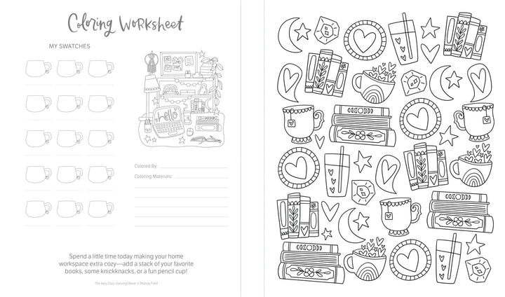 The Very Cozy Coloring Book by Schiffer Publishing, Ltd. features black-and-white worksheets with books, mugs, hearts, stars, and drinks. The left page includes swatch boxes, Coloring Materials and Colored By sections, plus a cozy desk scene to color.