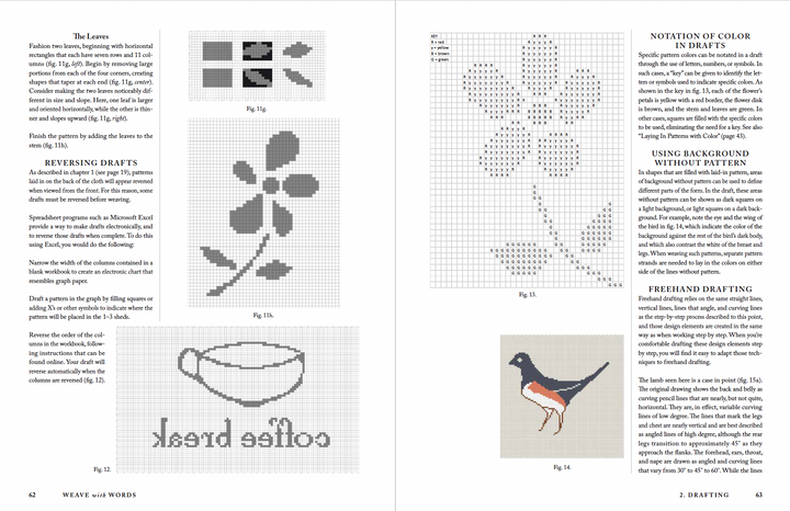 In "Weave with Words" by Schiffer Publishing, Ltd., a two-page spread displays cross-stitch patterns—leaves, a bird, and a coffee cup—plus instructions, weaving letter charts, and inlay technique diagrams for crafting designs.
