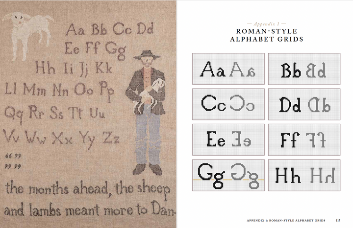 Weave with Words by Schiffer Publishing, Ltd. features a sampler with stitched letters, a sheep, and a shepherd on the left, and eight Roman-style alphabet grids with cross-stitched uppercase and lowercase letter pairs on the right.