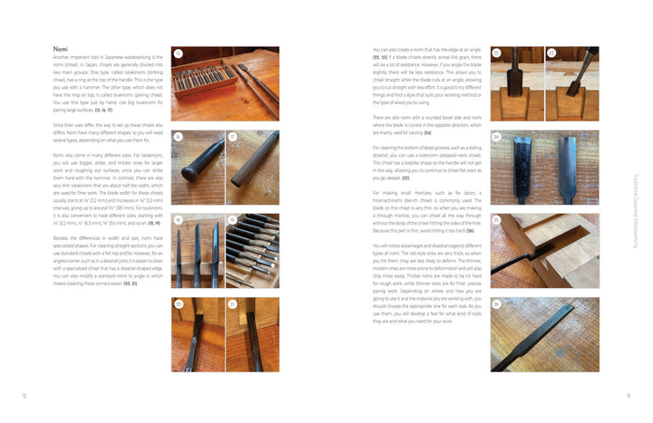 Two pages from "Traditional Japanese Woodworking" by Schiffer Publishing, Ltd. feature text and 13 numbered photos of hand tools—chisels, saws, and more—arranged on a workbench to highlight key Japanese woodworking techniques.
