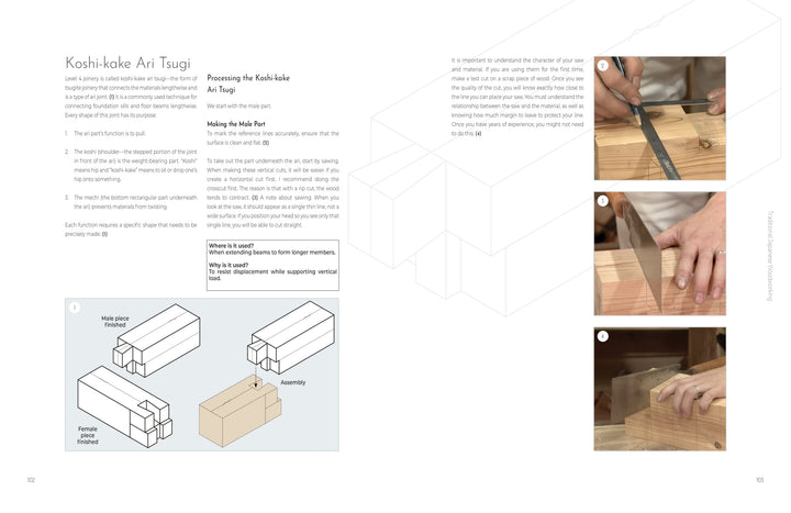 A two-page instructional spread in *Traditional Japanese Woodworking* by Schiffer Publishing, Ltd. features diagrams, assembly instructions, and step-by-step photos demonstrating Koshi-kake Ari Tsugi joinery techniques.