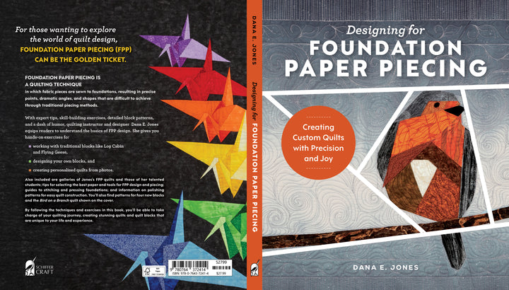 Book cover for Designing for Foundation Paper Piecing by Schiffer Publishing, Ltd. Features a geometric quilted bird on a textured background and highlights mastering quilt design and precision piecing techniques.