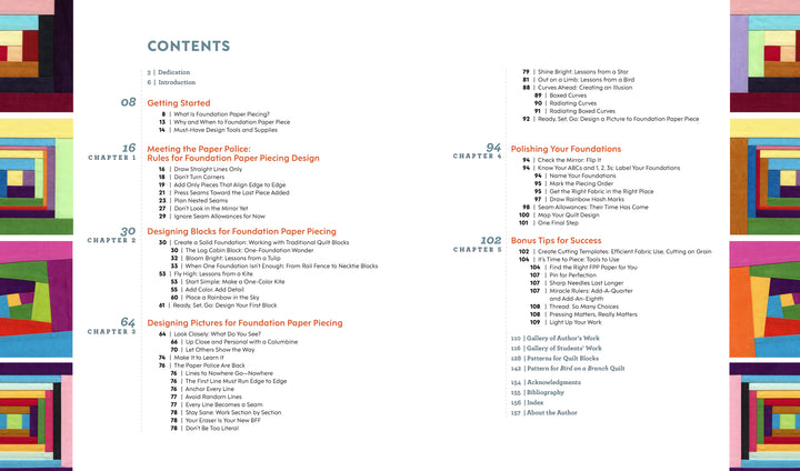 The table of contents page in "Designing for Foundation Paper Piecing" by Schiffer Publishing, Ltd. features colorful quilt block borders and organized chapters on quilt design, paper piecing, and foundation paper piecing techniques.