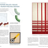 Designing for Foundation Paper Piecing" by Schiffer Publishing, Ltd. is highlighted in a two-page magazine spread with diagrams, text, fabric swatches, a rotary cutter, and a striking red-and-white geometric quilt.