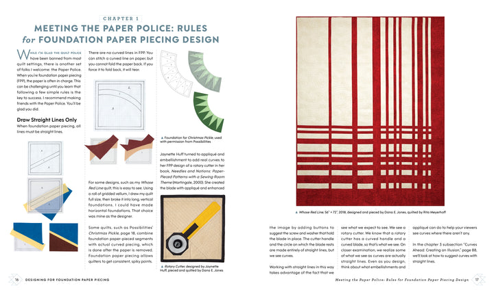 Designing for Foundation Paper Piecing" by Schiffer Publishing, Ltd. is highlighted in a two-page magazine spread with diagrams, text, fabric swatches, a rotary cutter, and a striking red-and-white geometric quilt.