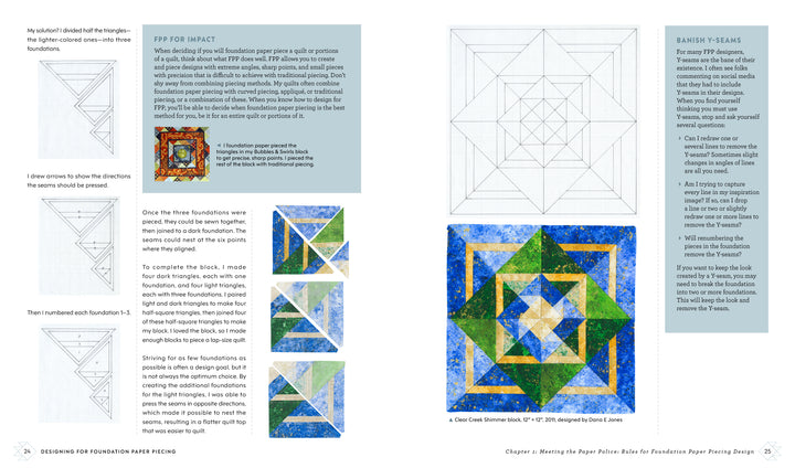 Designing for Foundation Paper Piecing by Schiffer Publishing, Ltd. features diagrams and directions for foundation paper piecing, with sketches, step-by-step illustrations, quilt design ideas, a finished geometric quilt, and instructional text.