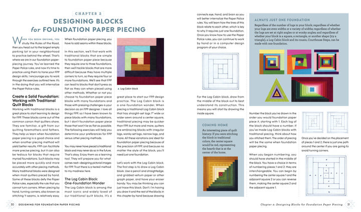 The two-page magazine spread showcases "Designing for Foundation Paper Piecing" by Schiffer Publishing, Ltd., featuring quilt block diagrams, Log Cabin examples, quilting techniques, and step-by-step illustrated instructions.