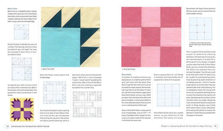 Designing for Foundation Paper Piecing by Schiffer Publishing, Ltd. features text and diagrams of quilt blocks like Bear’s Paw, blue arrowhead, pink squares, plus step-by-step quilting techniques, design tips, and paper piecing instructions.