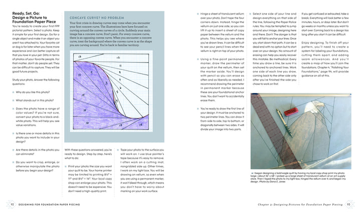 A two-page spread from "Designing for Foundation Paper Piecing" by Schiffer Publishing, Ltd. shows diagrams, instructions, and photos of the precise quilting technique with a ruler, rotary cutter, and fabric on a cutting mat.