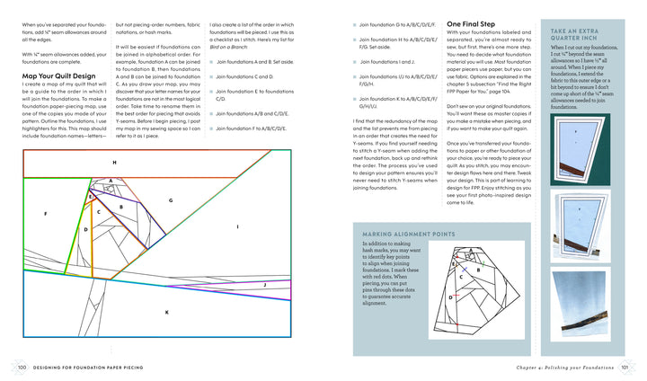 Designing for Foundation Paper Piecing by Schiffer Publishing, Ltd. offers step-by-step instructions, tips, diagrams, photos, a detailed quilt block diagram with labeled sections, and a sidebar of finished quilt blocks for quilters.