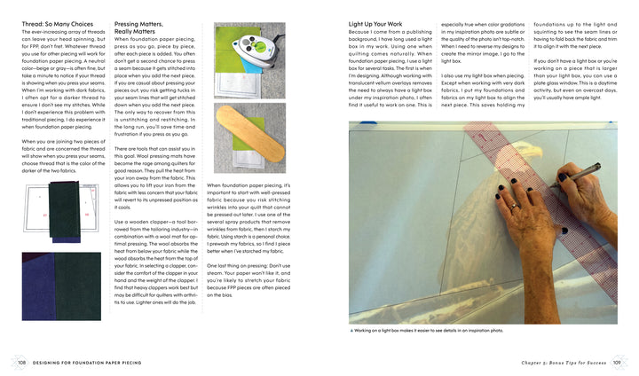 A spread from "Designing for Foundation Paper Piecing" by Schiffer Publishing, Ltd. shows pressing and joining fabric with photos on the left; on the right, hands trace lines over an eagle quilt design using a ruler and light table.