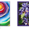 Two colorful quilts from "Designing for Foundation Paper Piecing" by Schiffer Publishing, Ltd.: one shows a vibrant abstract spiral, the other detailed purple irises with green stems and an inset close-up of the iris quilt’s texture.
