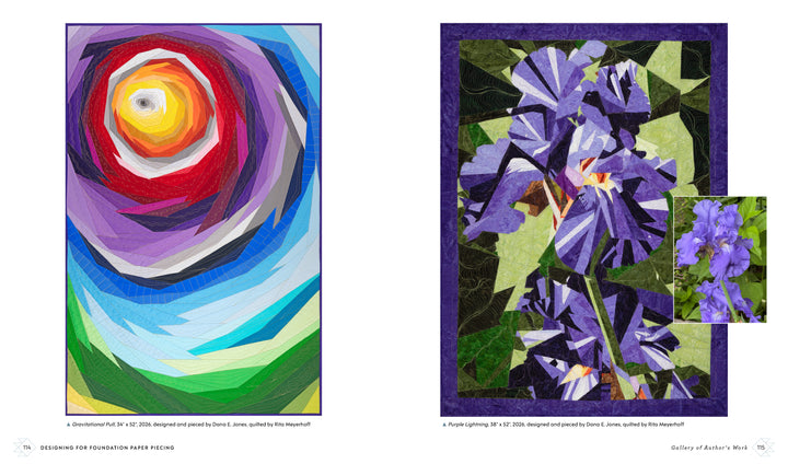 Two colorful quilts from "Designing for Foundation Paper Piecing" by Schiffer Publishing, Ltd.: one shows a vibrant abstract spiral, the other detailed purple irises with green stems and an inset close-up of the iris quilt’s texture.