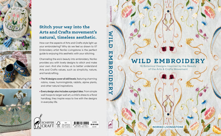 Book cover for Wild Embroidery by Schiffer Publishing, Ltd., with nature-inspired embroidery designs on a pale background, plus small photos of projects and text highlighting stitching inspired by the Arts & Crafts movement.