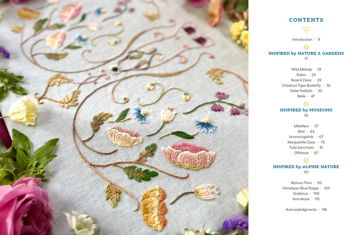 Wild Embroidery by Schiffer Publishing, Ltd. features floral and leaf embroidery inspired by Noriko Livingstone’s Arts and Crafts designs, showcased among real flowers, with a contents page covering nature, gardens, museums, and alpine landscapes.