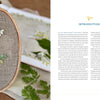 An embroidery hoop displays white and yellow daisies, inspired by Noriko Livingstone’s designs. To the right is "Wild Embroidery" by Schiffer Publishing, Ltd., with decorative text and green fern leaves scattered below.