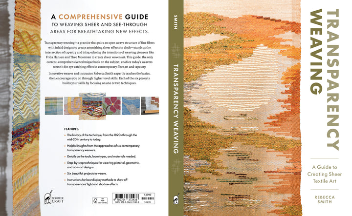 The Transparency Weaving book from Schiffer Publishing, Ltd. displays a sheer woven textile in earthy hues on the cover, with the vertical title on the right and a summary plus features on the back.