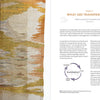 On the left is a woven textile in gold, white, and gray; on the right, a book page from "Transparency Weaving" by Schiffer Publishing, Ltd. explains transparency weaving in contemporary fiber art.