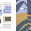 A spread from Transparency Weaving by Schiffer Publishing, Ltd. shows weaving technique diagrams on the left and a close-up of a sheer woven art textile on the right, annotated with arrows: Curved edge, Diagonal edge, and Vertical edge.
