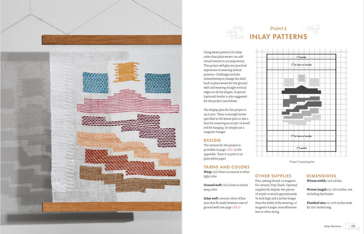 Transparency Weaving by Schiffer Publishing, Ltd. is a handwoven tapestry featuring geometric inlay patterns in blue, pink, orange, and brown on a wooden frame. Includes instructions, yarn and supply lists, plus a black-and-white pattern grid.