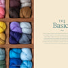 On the left, a wooden box holds bundles of colorful wool yarn. On the right, “Needle Felting Through the Seasons” by Schiffer Publishing, Ltd. offers beginner basics and step-by-step fiber arts guidance.