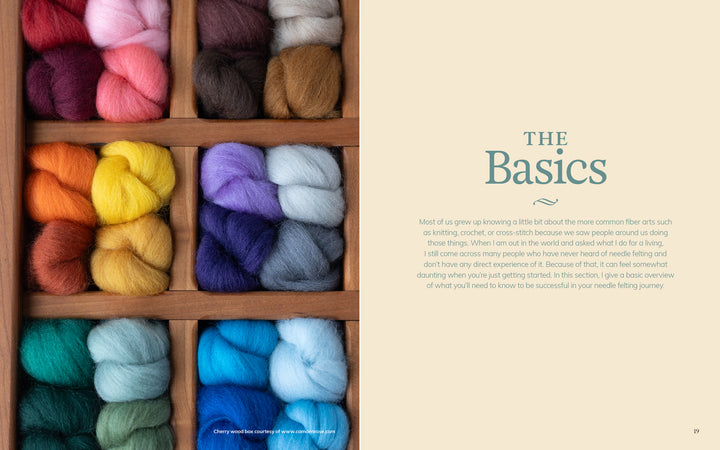 On the left, a wooden box holds bundles of colorful wool yarn. On the right, “Needle Felting Through the Seasons” by Schiffer Publishing, Ltd. offers beginner basics and step-by-step fiber arts guidance.