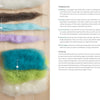 Batting fibers in various colors and preparations are neatly arranged on wood for crafting, as featured in "Needle Felting Through the Seasons" by Schiffer Publishing, Ltd., with step-by-step instructions shown on the right.