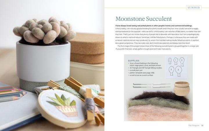 An open copy of "Needle Felting Through the Seasons" by Schiffer Publishing, Ltd. shows a succulent tutorial; felt wool, embroidery floss, and tools are on one side, with step-by-step instructions and an illustration on the other.