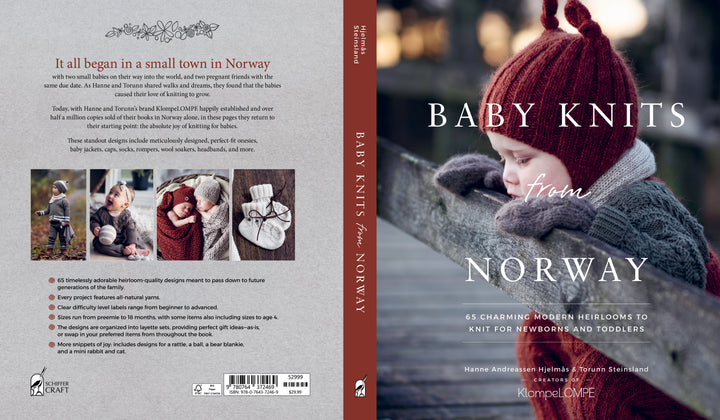 Front and back covers of Baby Knits from Norway by Schiffer Publishing, Ltd.: The front shows a baby in Nordic-style knitwear outdoors; the back displays three photos of babies in Norwegian knits plus a book description.