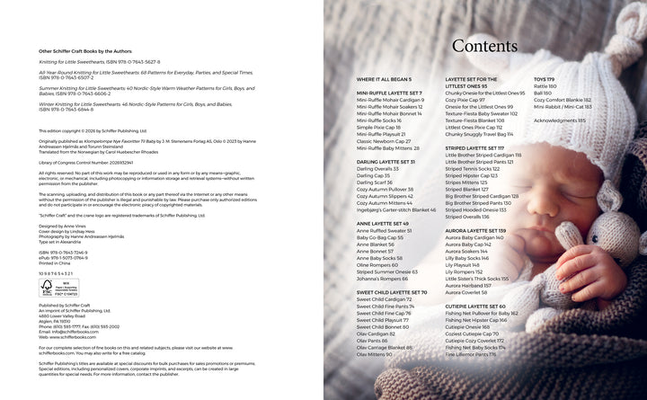 The contents page of "Baby Knits from Norway" by Schiffer Publishing, Ltd. shows a sleeping baby in Nordic knitwear on the right and chapter titles with page numbers on the left, all set against a clean white background.