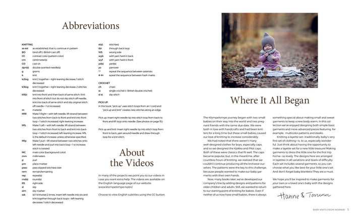 A two-page spread from Baby Knits from Norway (Schiffer Publishing, Ltd.): the left lists knitting abbreviations and video info; the right shows a baby in Nordic knitwear outdoors, above “Where It All Began” and a story with a handwritten signature.