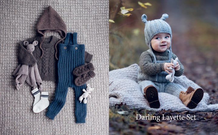 A flat lay of "Baby Knits from Norway" patterns by Schiffer Publishing, Ltd. on the left; on the right, a baby in Nordic-inspired knitwear with a bear-ear hat sits outdoors. Text reads: Darling Layette Set.