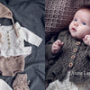 On the left, Baby Knits from Norway by Schiffer Publishing, Ltd. displays Nordic-inspired knitwear—a bonnet, cardigan, romper, booties, and a toy mouse. On the right, a baby in a textured knit cardigan rests on a blanket.