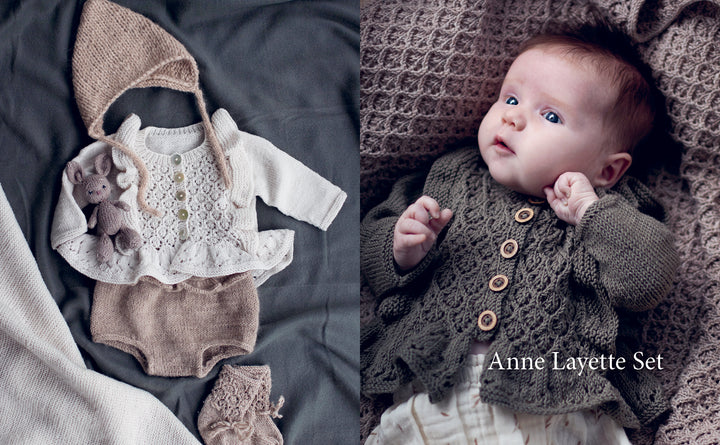 On the left, Baby Knits from Norway by Schiffer Publishing, Ltd. displays Nordic-inspired knitwear—a bonnet, cardigan, romper, booties, and a toy mouse. On the right, a baby in a textured knit cardigan rests on a blanket.