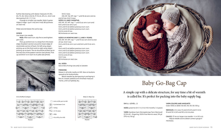 Two babies in a wicker basket wear hand-knit caps and cocoons in brown and mauve. Baby Knits from Norway by Schiffer Publishing, Ltd. includes Nordic-inspired patterns and diagrams for creating charming Norwegian baby knits.