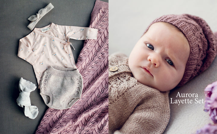 On the left: a cozy baby outfit in soft pink and beige, inspired by Baby Knits from Norway (Schiffer Publishing, Ltd.). On the right: a baby in matching Nordic-style knitwear gazes up. Text: “Aurora Layette Set.”.
